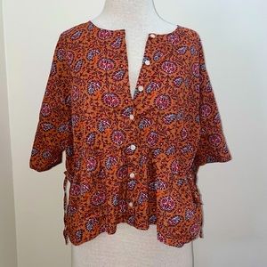 Madewell cottage core peasant  Drawstring-Waist Shirt in Warm Paisley XL